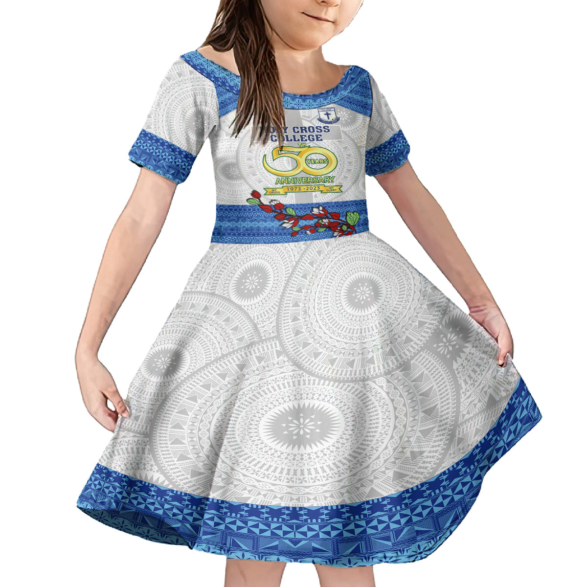 Fiji Holy Cross College Family Matching Off Shoulder Maxi Dress and Hawaiian Shirt Happy 50th Anniversary Fijian Tagimoucia Tapa Pattern LT14 Daughter's Dress White - Polynesian Pride