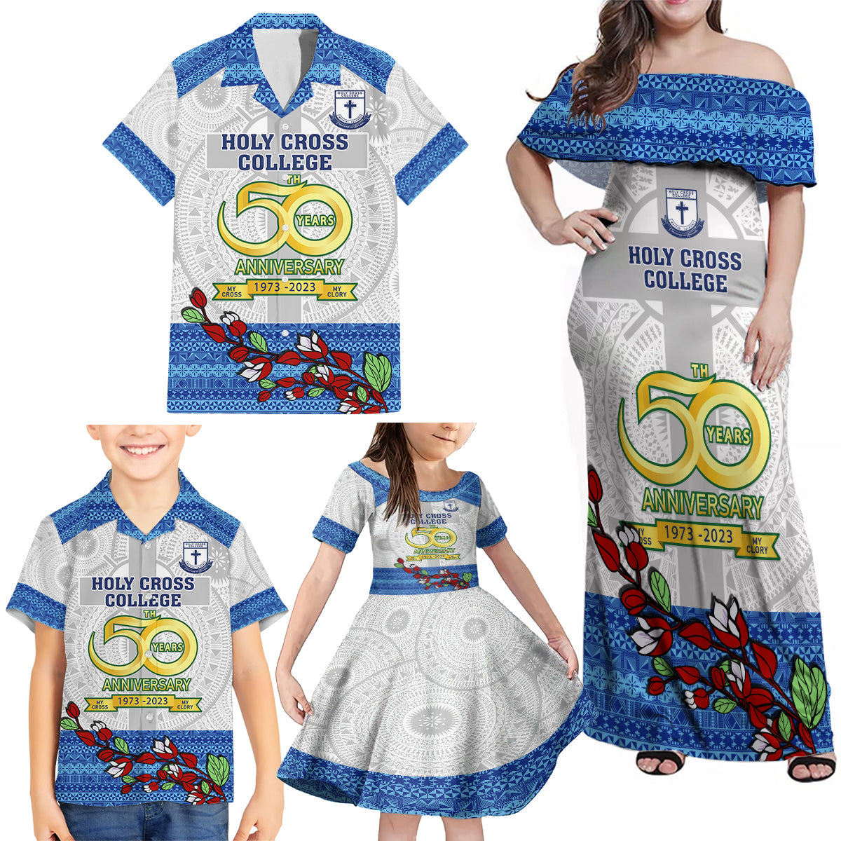 Fiji Holy Cross College Family Matching Off Shoulder Maxi Dress and Hawaiian Shirt Happy 50th Anniversary Fijian Tagimoucia Tapa Pattern LT14 - Polynesian Pride