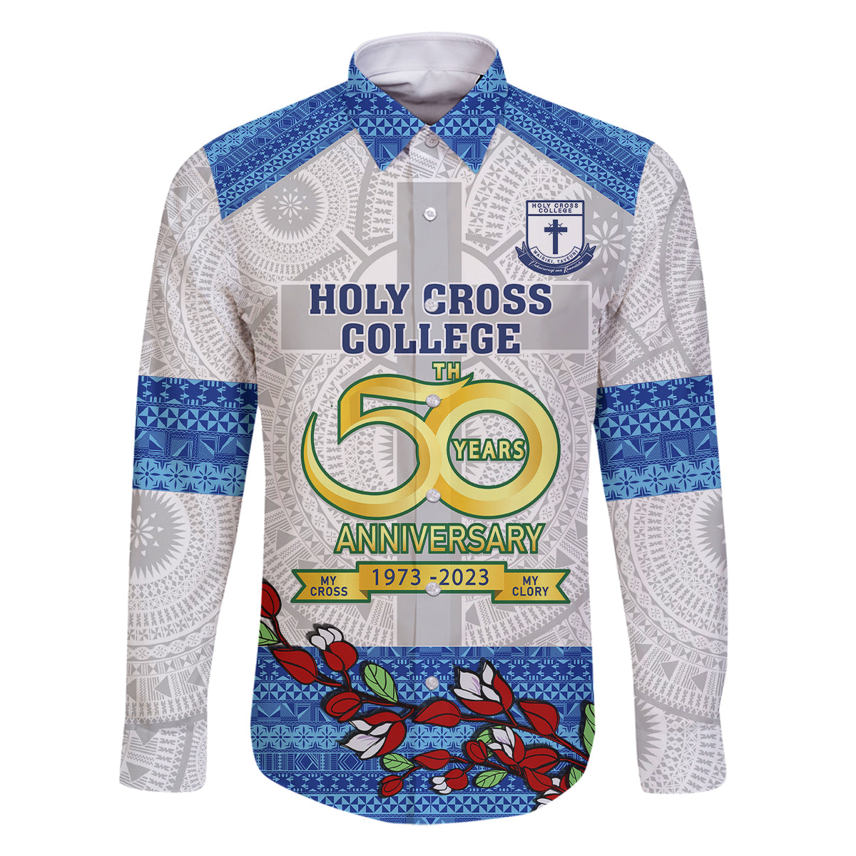 Fiji Holy Cross College Family Matching Off Shoulder Maxi Dress and Hawaiian Shirt Happy 50th Anniversary Fijian Tagimoucia Tapa Pattern LT14 Dad's Shirt - Long Sleeve White - Polynesian Pride