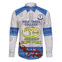 Fiji Holy Cross College Family Matching Off Shoulder Short Dress and Hawaiian Shirt Happy 50th Anniversary Fijian Tagimoucia Tapa Pattern LT14 Dad's Shirt - Long Sleeve White - Polynesian Pride