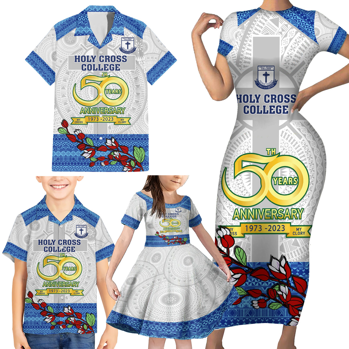 Fiji Holy Cross College Family Matching Short Sleeve Bodycon Dress and Hawaiian Shirt Happy 50th Anniversary Fijian Tagimoucia Tapa Pattern LT14 - Polynesian Pride