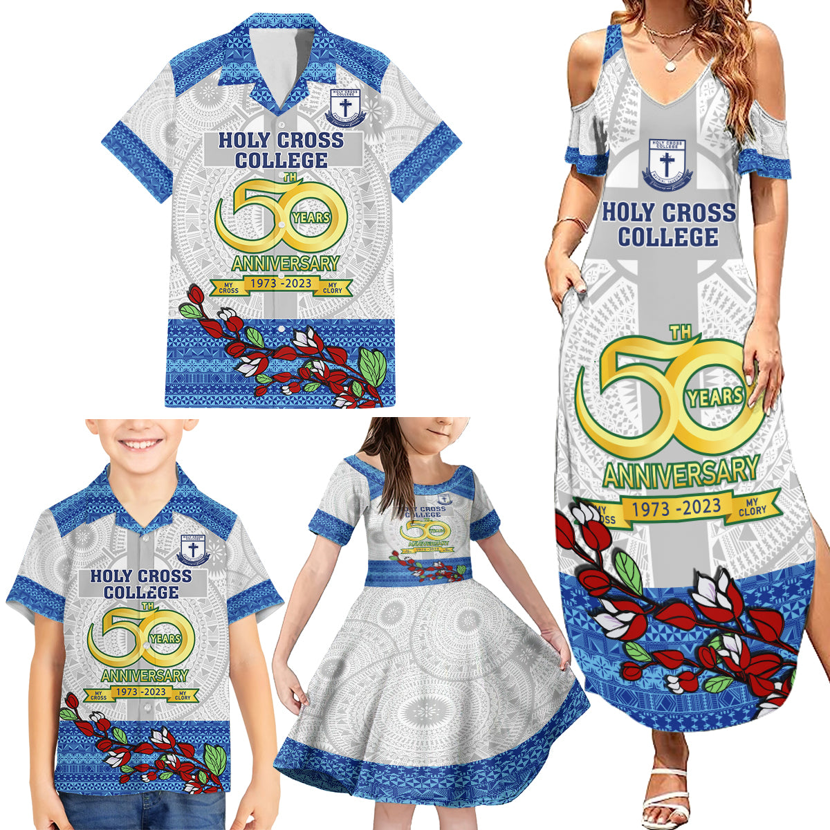 Fiji Holy Cross College Family Matching Summer Maxi Dress and Hawaiian Shirt Happy 50th Anniversary Fijian Tagimoucia Tapa Pattern LT14 - Polynesian Pride