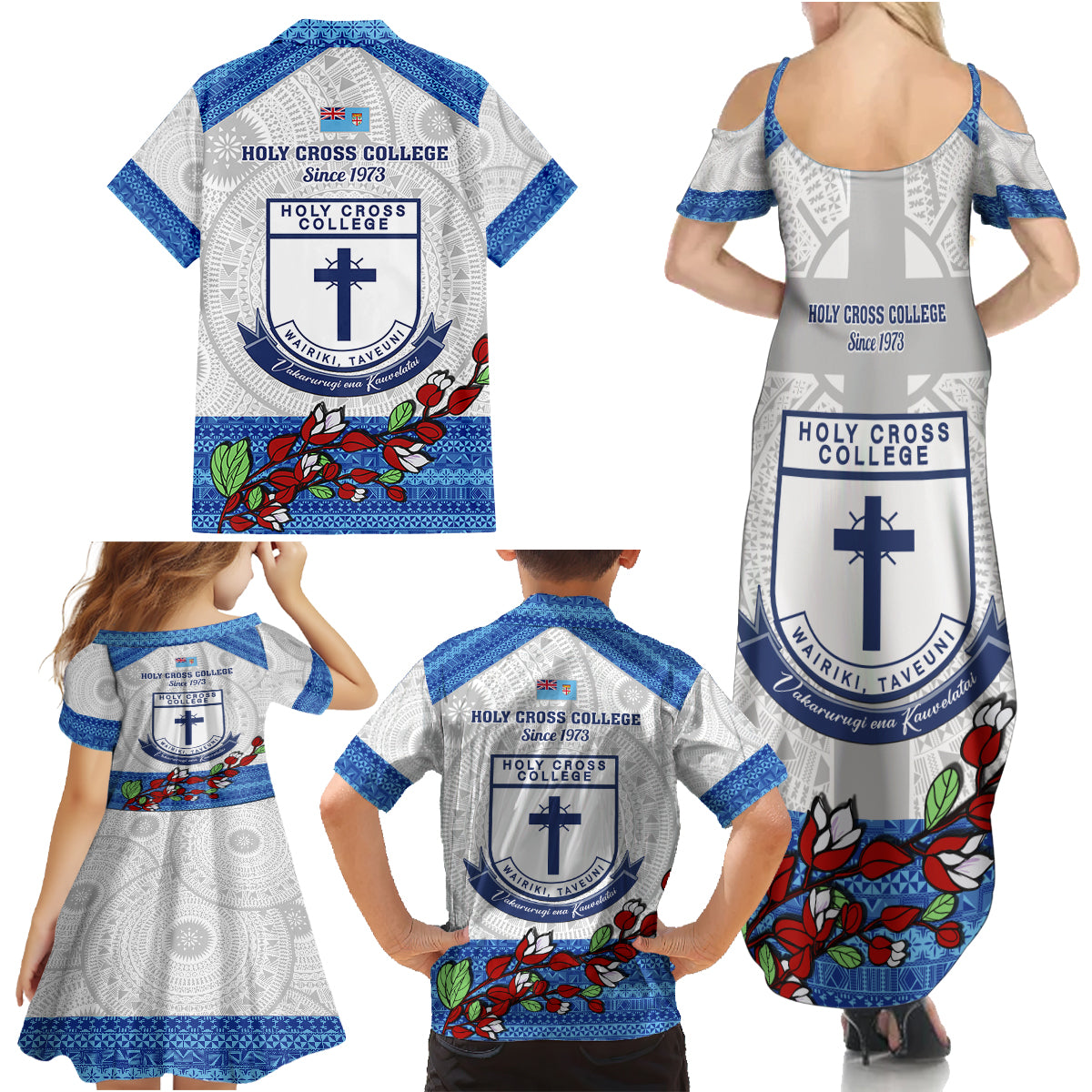 Fiji Holy Cross College Family Matching Summer Maxi Dress and Hawaiian Shirt Happy 50th Anniversary Fijian Tagimoucia Tapa Pattern LT14 - Polynesian Pride