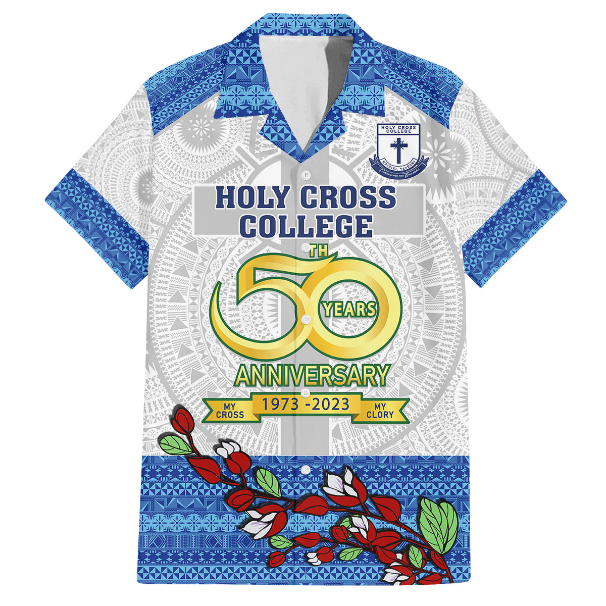 Fiji Holy Cross College Family Matching Tank Maxi Dress and Hawaiian Shirt Happy 50th Anniversary Fijian Tagimoucia Tapa Pattern LT14 Dad's Shirt - Short Sleeve White - Polynesian Pride