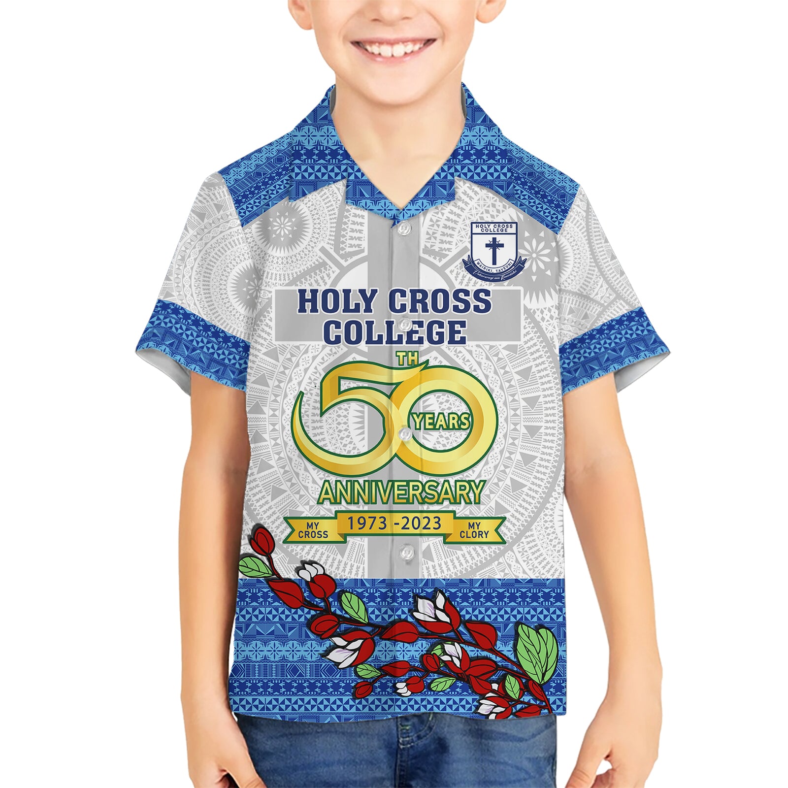 fiji-holy-cross-college-kid-hawaiian-shirt-happy-50th-anniversary-fijian-tagimoucia-tapa-pattern