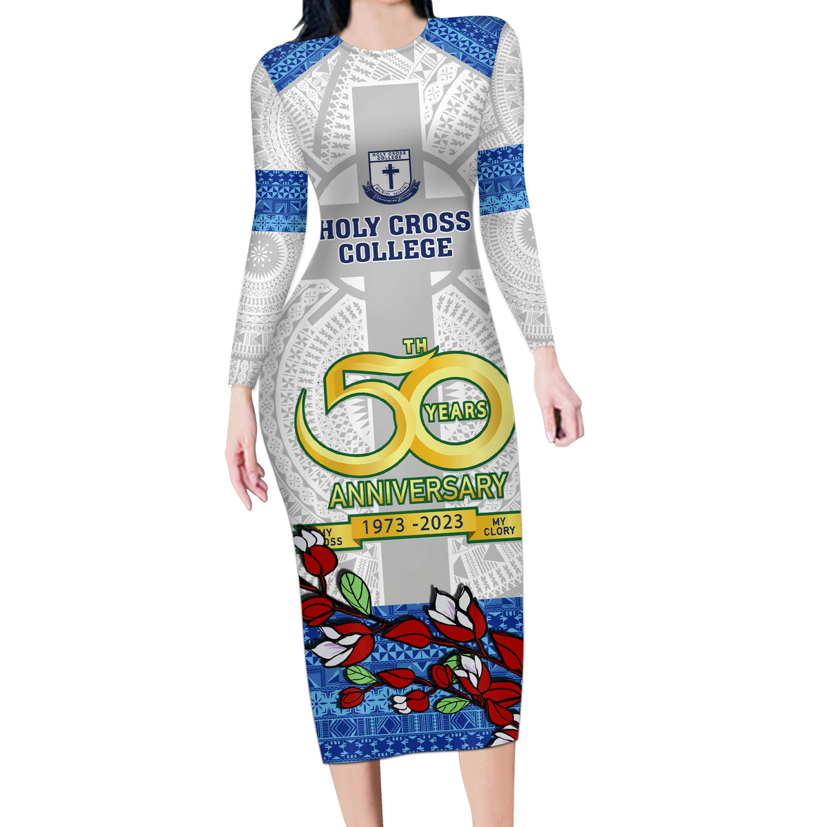 Fiji Holy Cross College Long Sleeve Bodycon Dress Happy 50th Anniversary Fijian Tagimoucia Tapa Pattern LT14 Long Dress White - Polynesian Pride