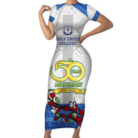 Fiji Holy Cross College Short Sleeve Bodycon Dress Happy 50th Anniversary Fijian Tagimoucia Tapa Pattern LT14 Long Dress White - Polynesian Pride