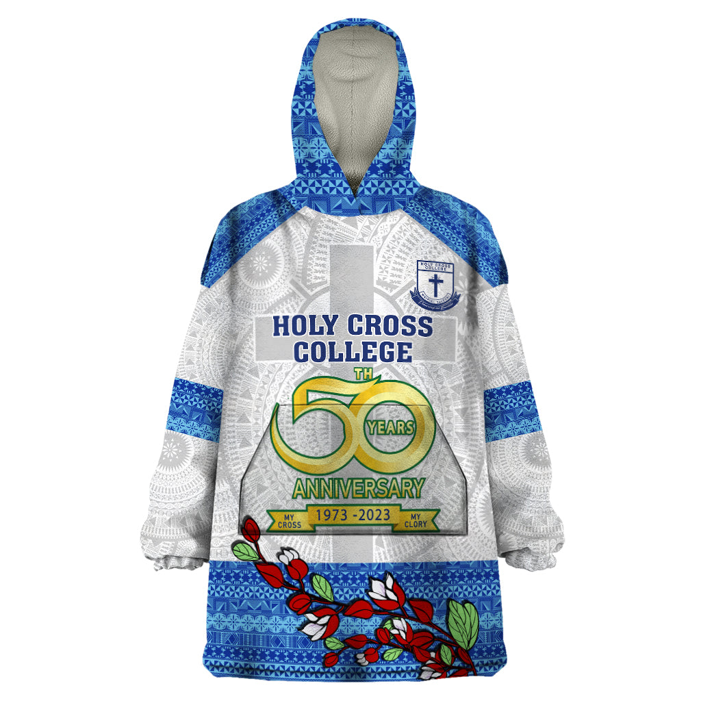 Fiji Holy Cross College Wearable Blanket Hoodie Happy 50th Anniversary Fijian Tagimoucia Tapa Pattern LT14 One Size White - Polynesian Pride