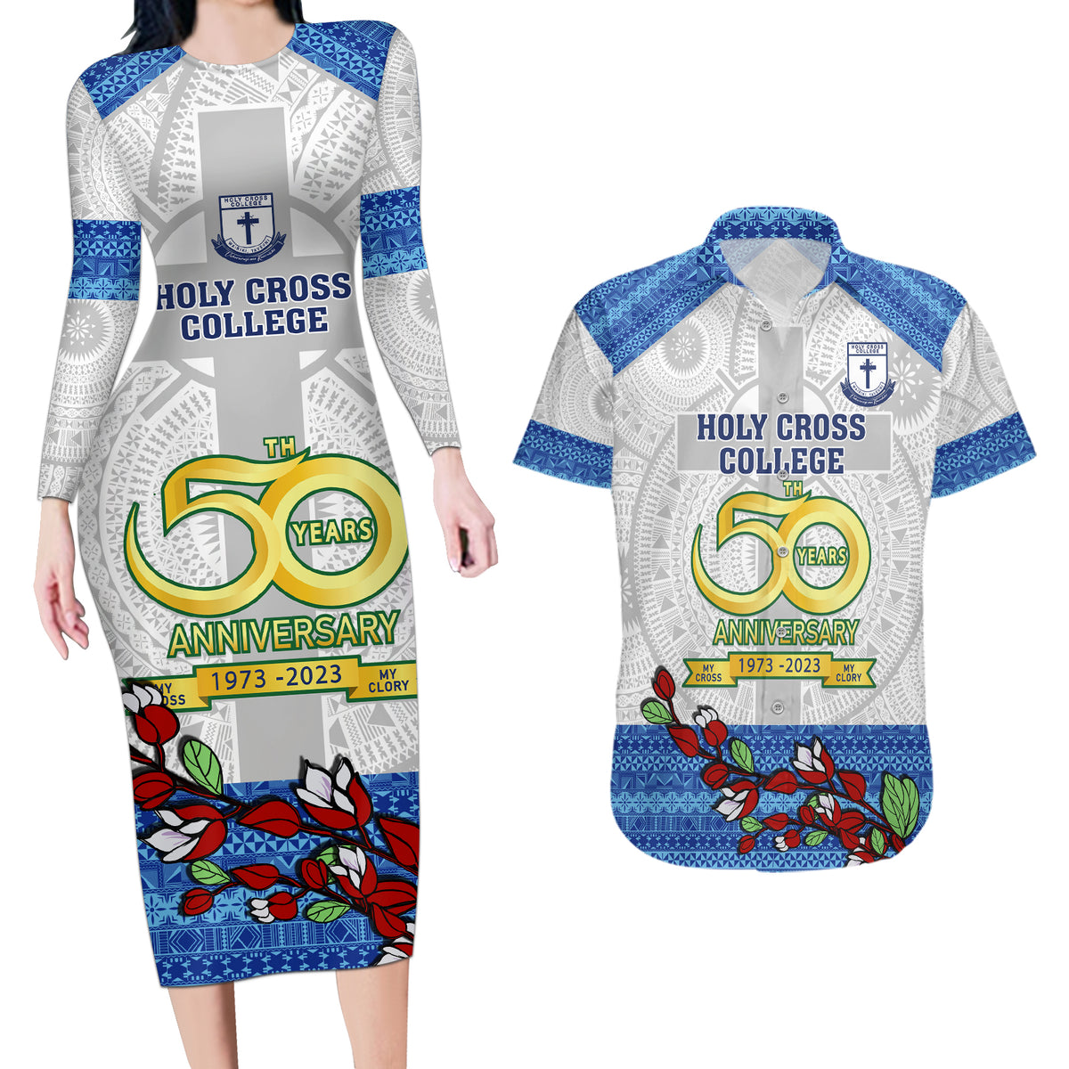 Personalised Fiji Holy Cross College Couples Matching Long Sleeve Bodycon Dress and Hawaiian Shirt Happy 50th Anniversary Fijian Tagimoucia Tapa Pattern LT14 White - Polynesian Pride