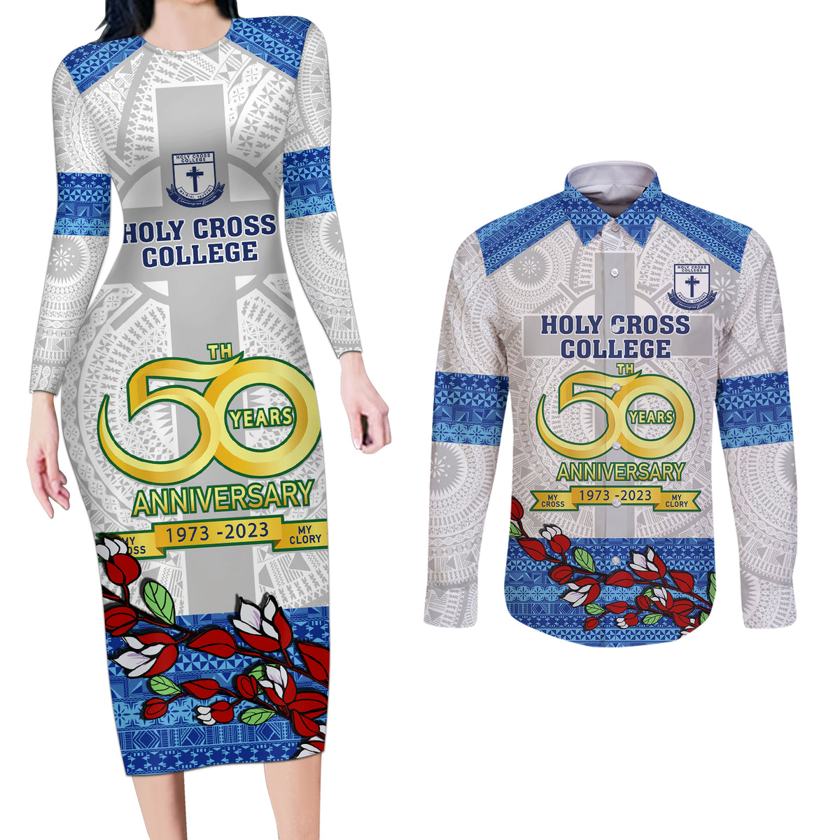 Personalised Fiji Holy Cross College Couples Matching Long Sleeve Bodycon Dress and Long Sleeve Button Shirts Happy 50th Anniversary Fijian Tagimoucia Tapa Pattern LT14 White - Polynesian Pride