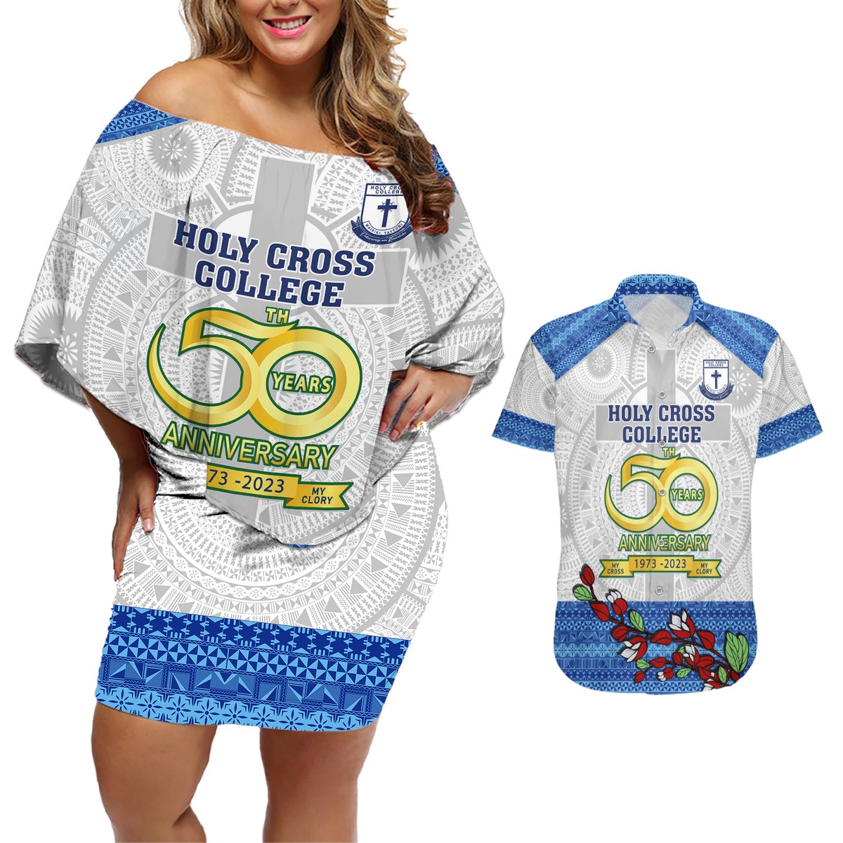 Personalised Fiji Holy Cross College Couples Matching Off Shoulder Short Dress and Hawaiian Shirt Happy 50th Anniversary Fijian Tagimoucia Tapa Pattern LT14 White - Polynesian Pride