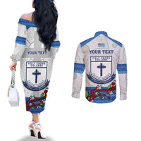 Personalised Fiji Holy Cross College Couples Matching Off The Shoulder Long Sleeve Dress and Long Sleeve Button Shirts Happy 50th Anniversary Fijian Tagimoucia Tapa Pattern LT14 - Polynesian Pride