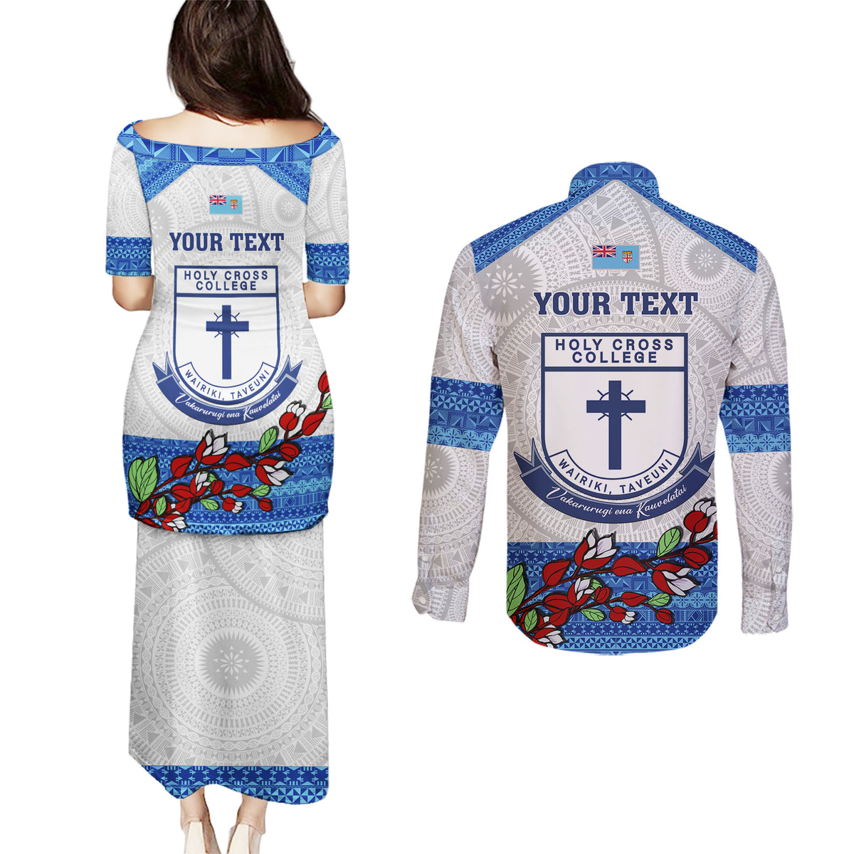 Personalised Fiji Holy Cross College Couples Matching Puletasi Dress and Long Sleeve Button Shirts Happy 50th Anniversary Fijian Tagimoucia Tapa Pattern LT14 - Polynesian Pride