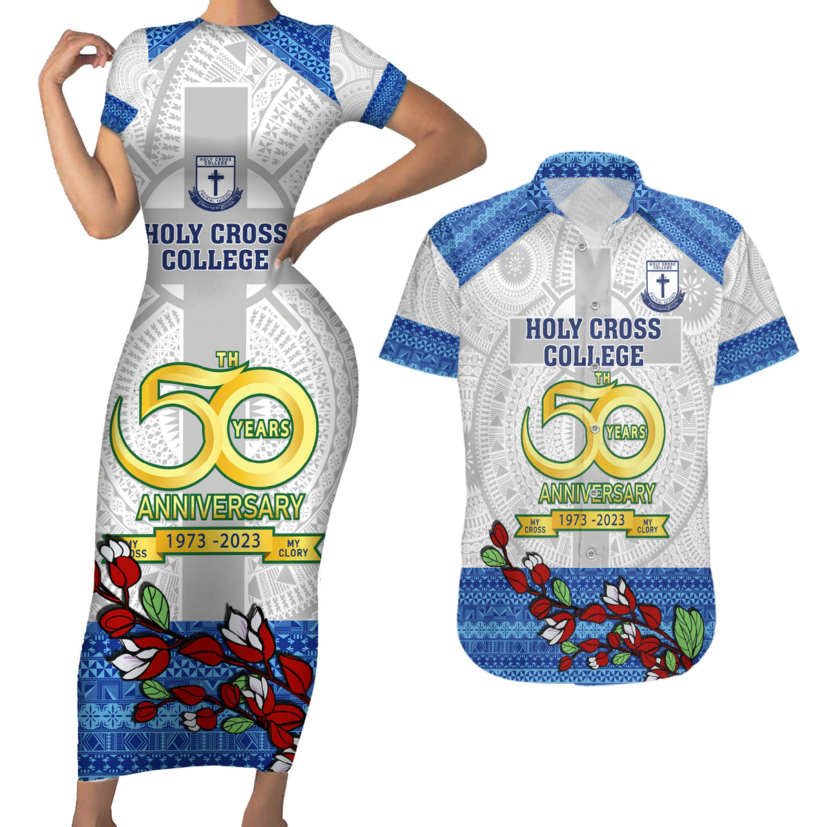 Personalised Fiji Holy Cross College Couples Matching Short Sleeve Bodycon Dress and Hawaiian Shirt Happy 50th Anniversary Fijian Tagimoucia Tapa Pattern LT14 White - Polynesian Pride