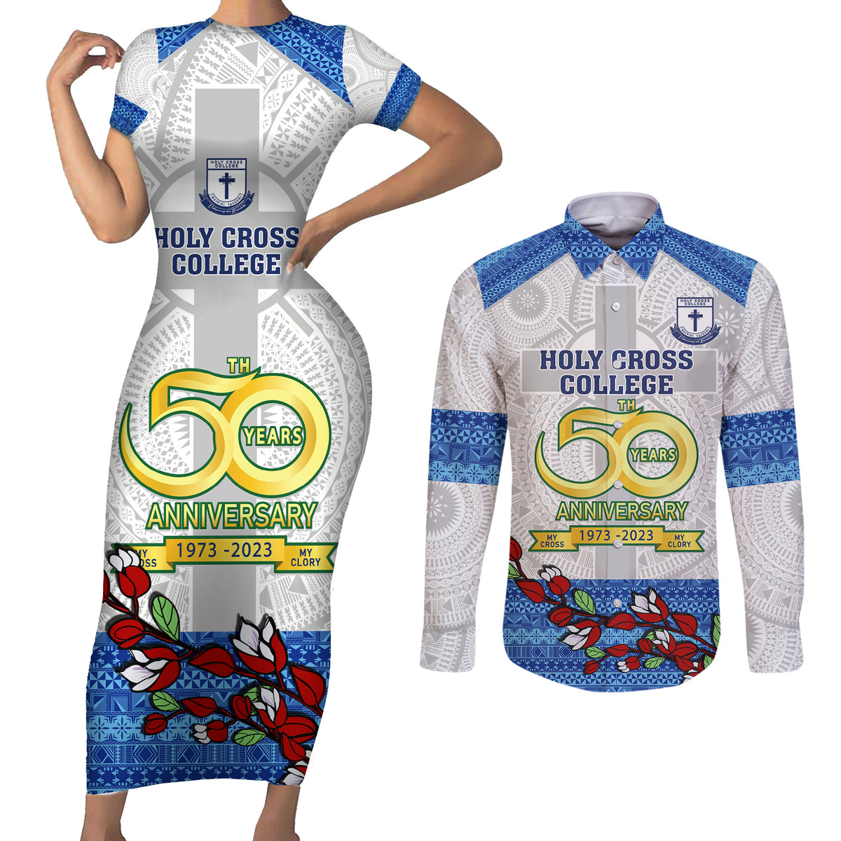 Personalised Fiji Holy Cross College Couples Matching Short Sleeve Bodycon Dress and Long Sleeve Button Shirts Happy 50th Anniversary Fijian Tagimoucia Tapa Pattern LT14 White - Polynesian Pride