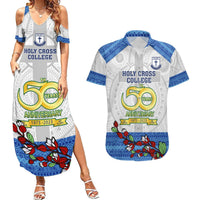 Personalised Fiji Holy Cross College Couples Matching Summer Maxi Dress and Hawaiian Shirt Happy 50th Anniversary Fijian Tagimoucia Tapa Pattern LT14 White - Polynesian Pride