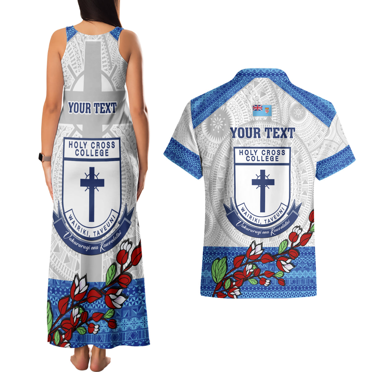 Personalised Fiji Holy Cross College Couples Matching Tank Maxi Dress and Hawaiian Shirt Happy 50th Anniversary Fijian Tagimoucia Tapa Pattern LT14 - Polynesian Pride