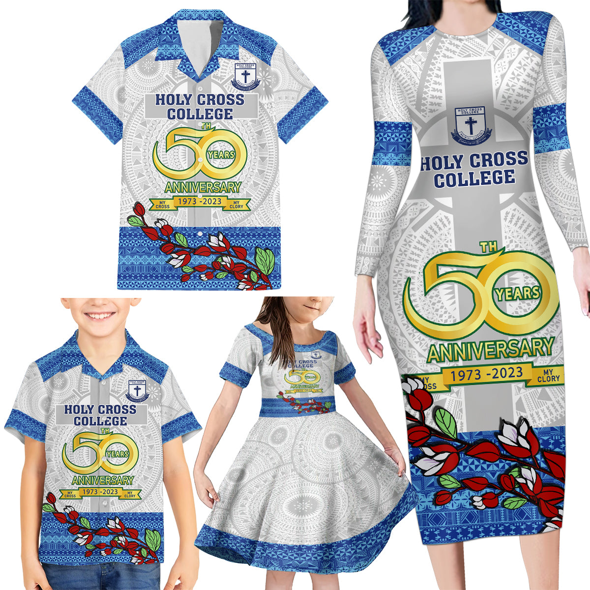 Personalised Fiji Holy Cross College Family Matching Long Sleeve Bodycon Dress and Hawaiian Shirt Happy 50th Anniversary Fijian Tagimoucia Tapa Pattern LT14 - Polynesian Pride