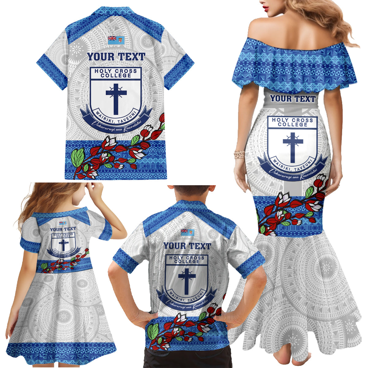 Personalised Fiji Holy Cross College Family Matching Mermaid Dress and Hawaiian Shirt Happy 50th Anniversary Fijian Tagimoucia Tapa Pattern LT14 - Polynesian Pride