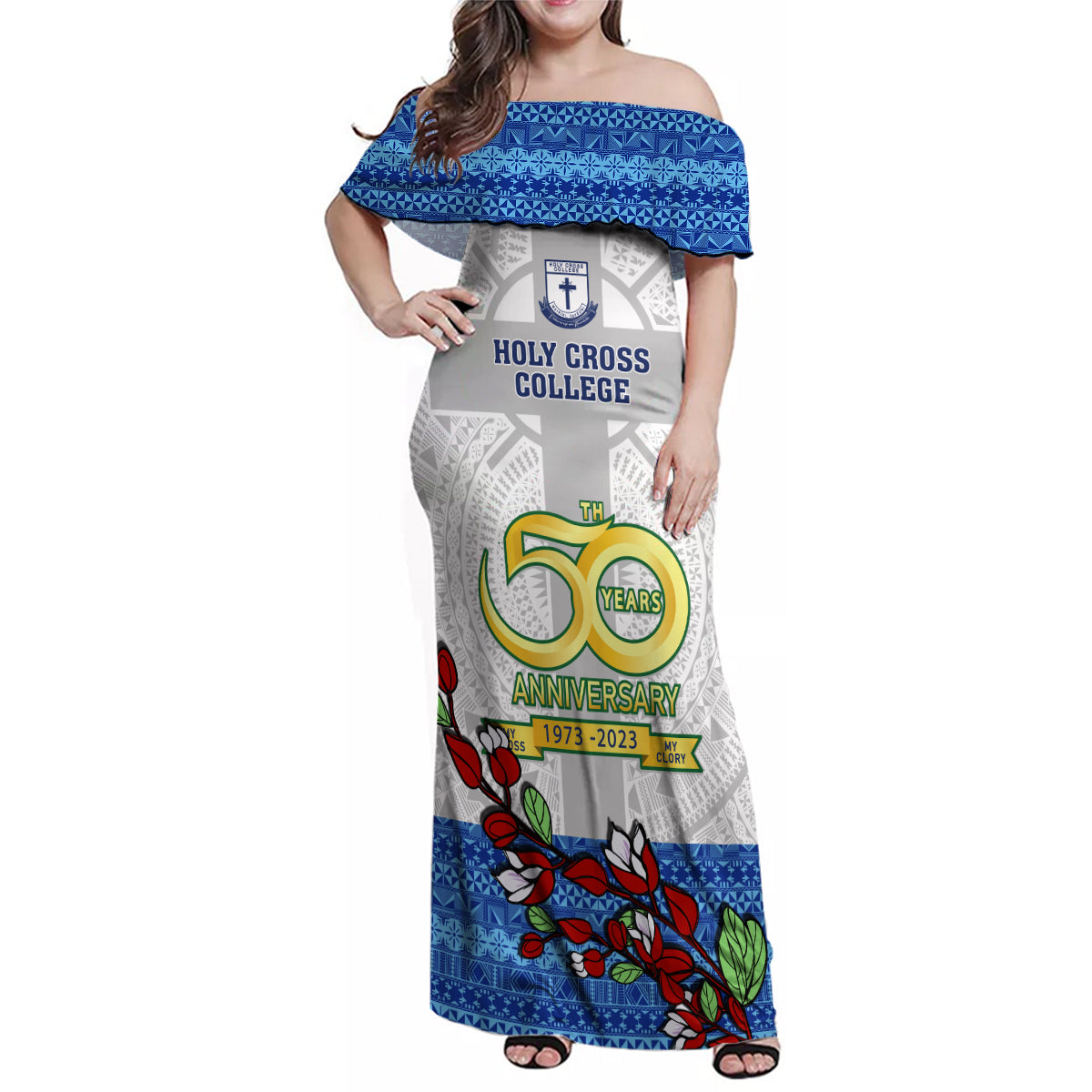 Personalised Fiji Holy Cross College Family Matching Off Shoulder Maxi Dress and Hawaiian Shirt Happy 50th Anniversary Fijian Tagimoucia Tapa Pattern LT14 Mom's Dress White - Polynesian Pride