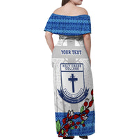 Personalised Fiji Holy Cross College Family Matching Off Shoulder Maxi Dress and Hawaiian Shirt Happy 50th Anniversary Fijian Tagimoucia Tapa Pattern LT14 - Polynesian Pride