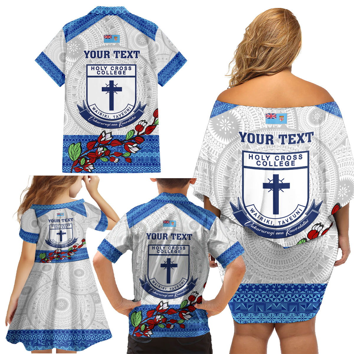 Personalised Fiji Holy Cross College Family Matching Off Shoulder Short Dress and Hawaiian Shirt Happy 50th Anniversary Fijian Tagimoucia Tapa Pattern LT14 - Polynesian Pride