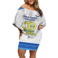 Personalised Fiji Holy Cross College Family Matching Off Shoulder Short Dress and Hawaiian Shirt Happy 50th Anniversary Fijian Tagimoucia Tapa Pattern LT14 Mom's Dress White - Polynesian Pride