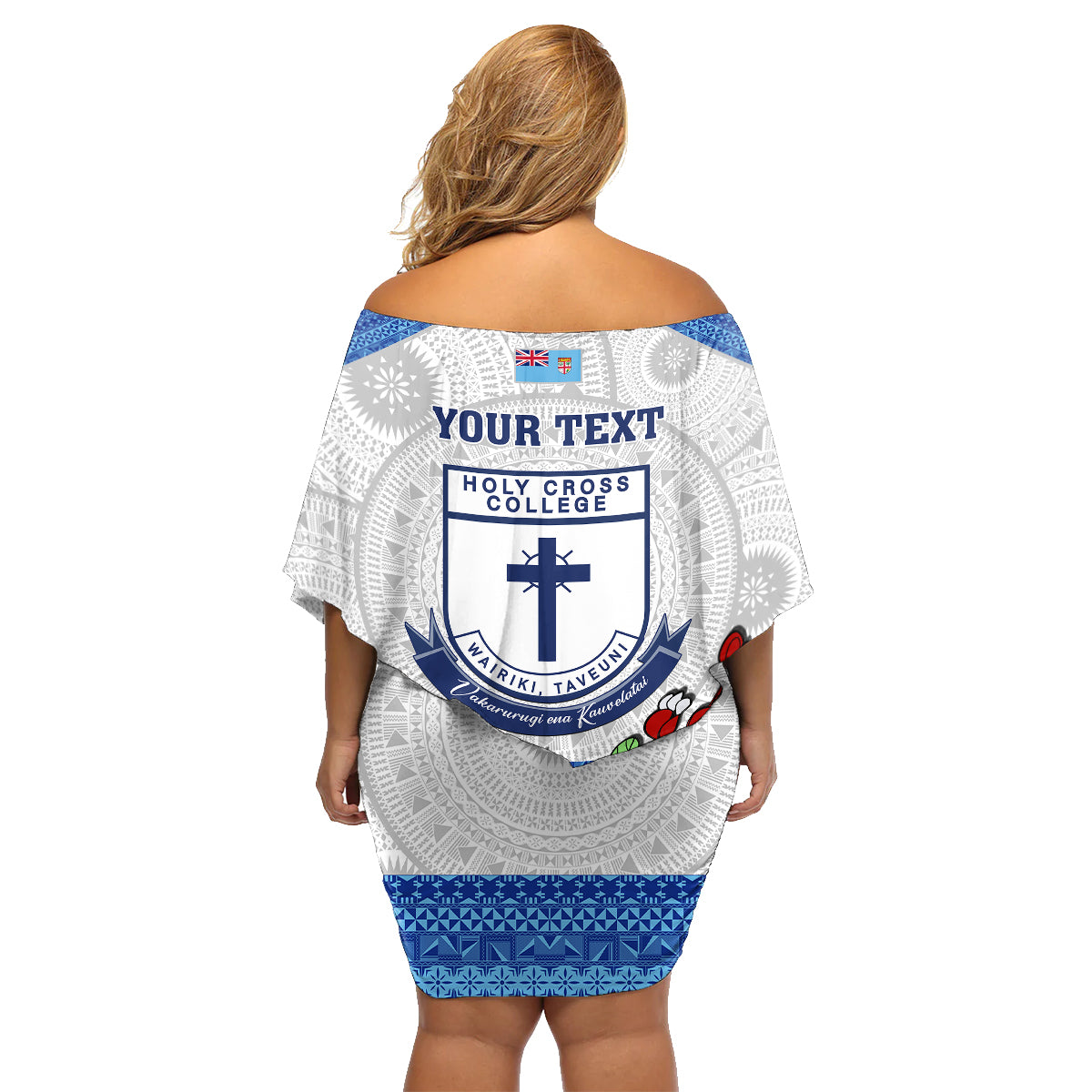 Personalised Fiji Holy Cross College Family Matching Off Shoulder Short Dress and Hawaiian Shirt Happy 50th Anniversary Fijian Tagimoucia Tapa Pattern LT14 - Polynesian Pride