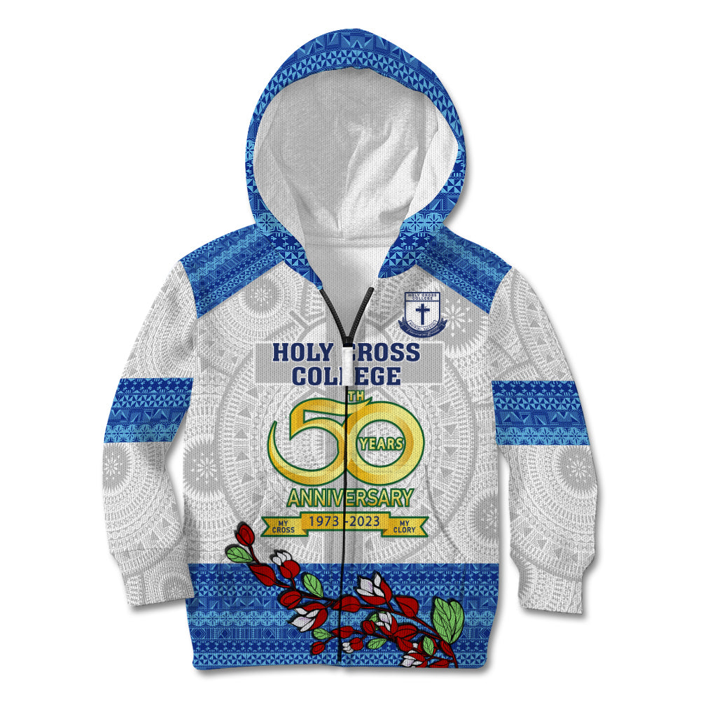 Personalised Fiji Holy Cross College Kid Hoodie Happy 50th Anniversary Fijian Tagimoucia Tapa Pattern LT14 Zip Hoodie White - Polynesian Pride