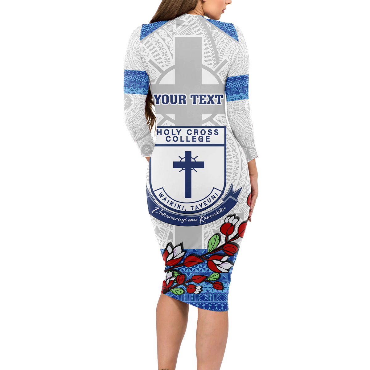 Personalised Fiji Holy Cross College Long Sleeve Bodycon Dress Happy 50th Anniversary Fijian Tagimoucia Tapa Pattern LT14 - Polynesian Pride