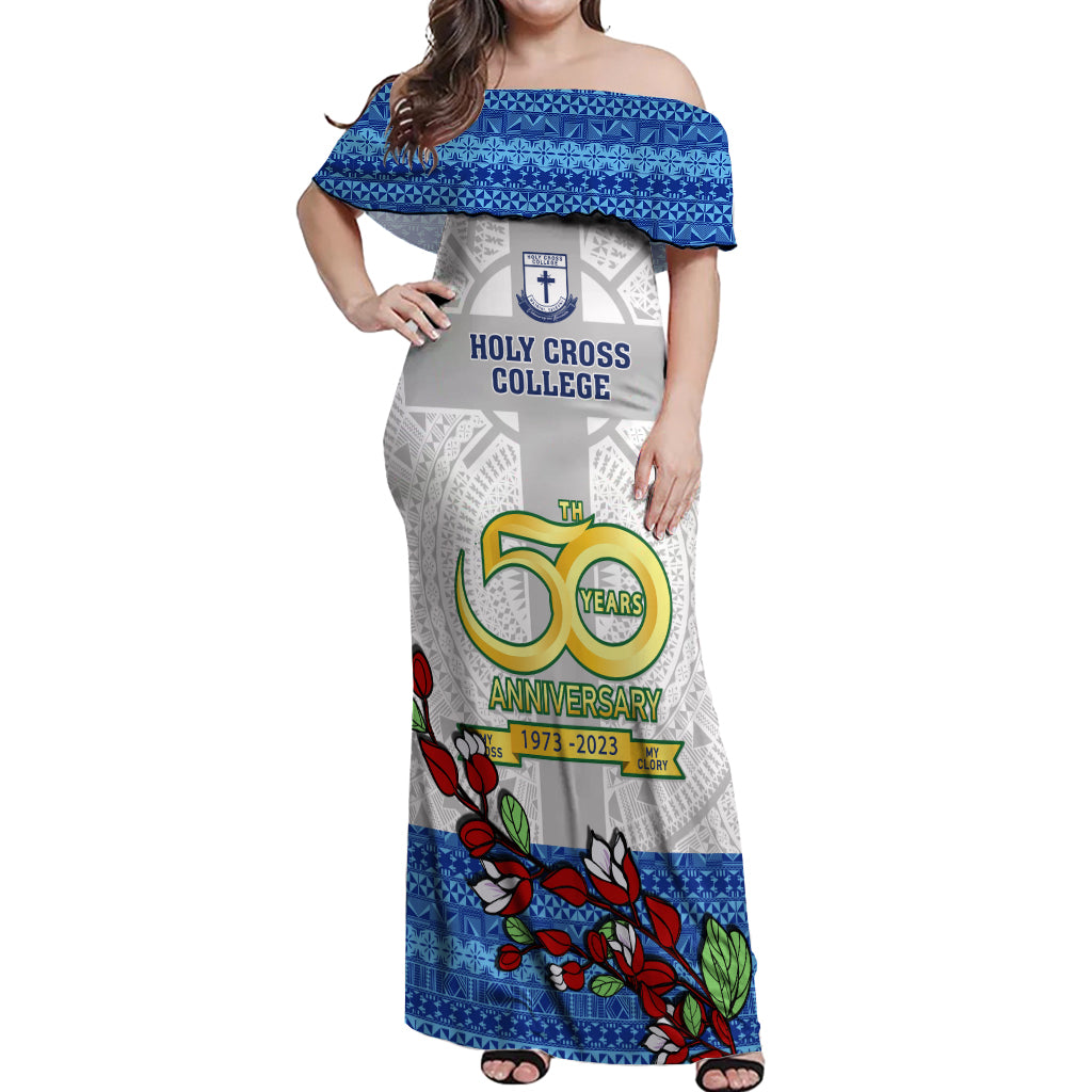 Personalised Fiji Holy Cross College Off Shoulder Maxi Dress Happy 50th Anniversary Fijian Tagimoucia Tapa Pattern LT14 Women White - Polynesian Pride