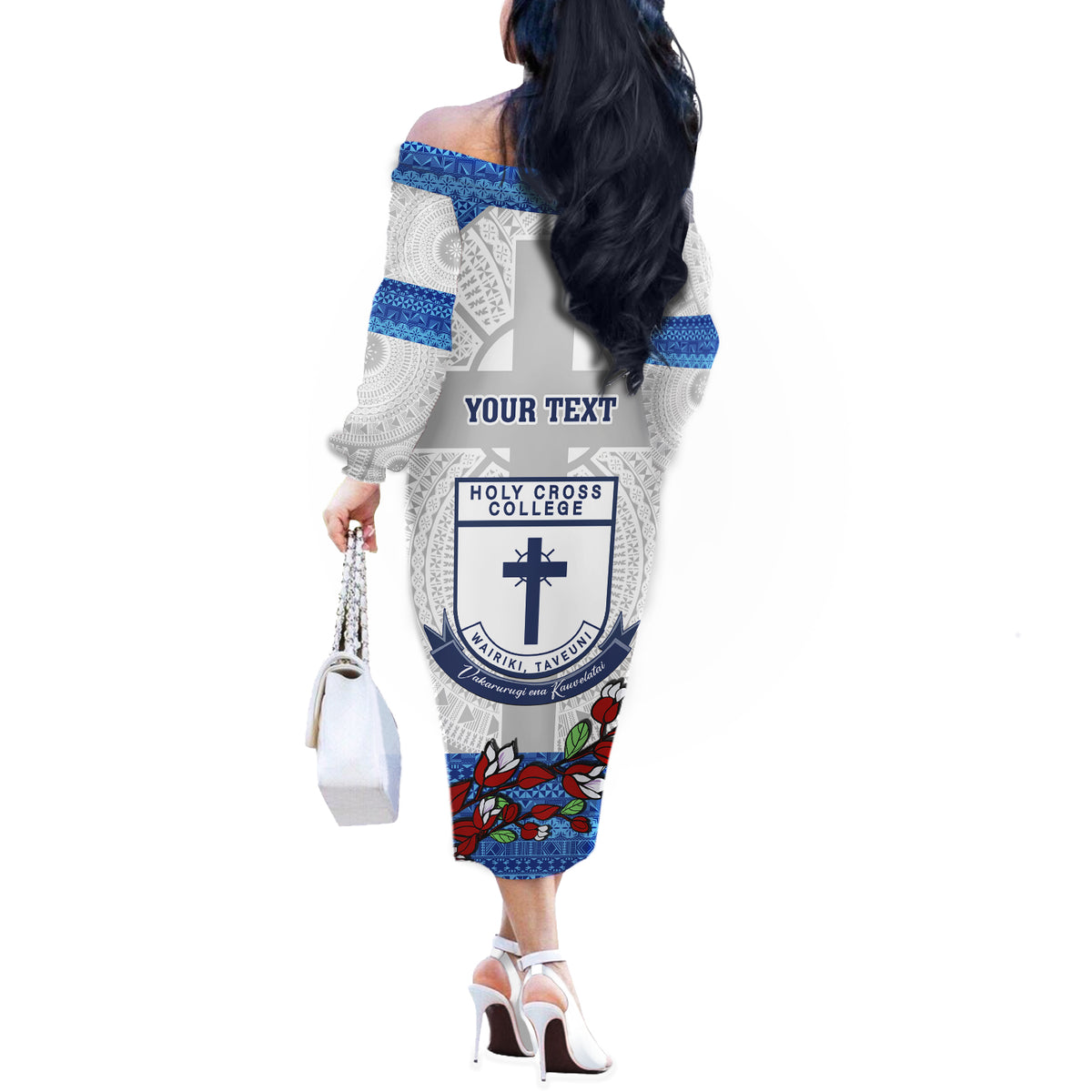 Personalised Fiji Holy Cross College Off The Shoulder Long Sleeve Dress Happy 50th Anniversary Fijian Tagimoucia Tapa Pattern LT14 - Polynesian Pride