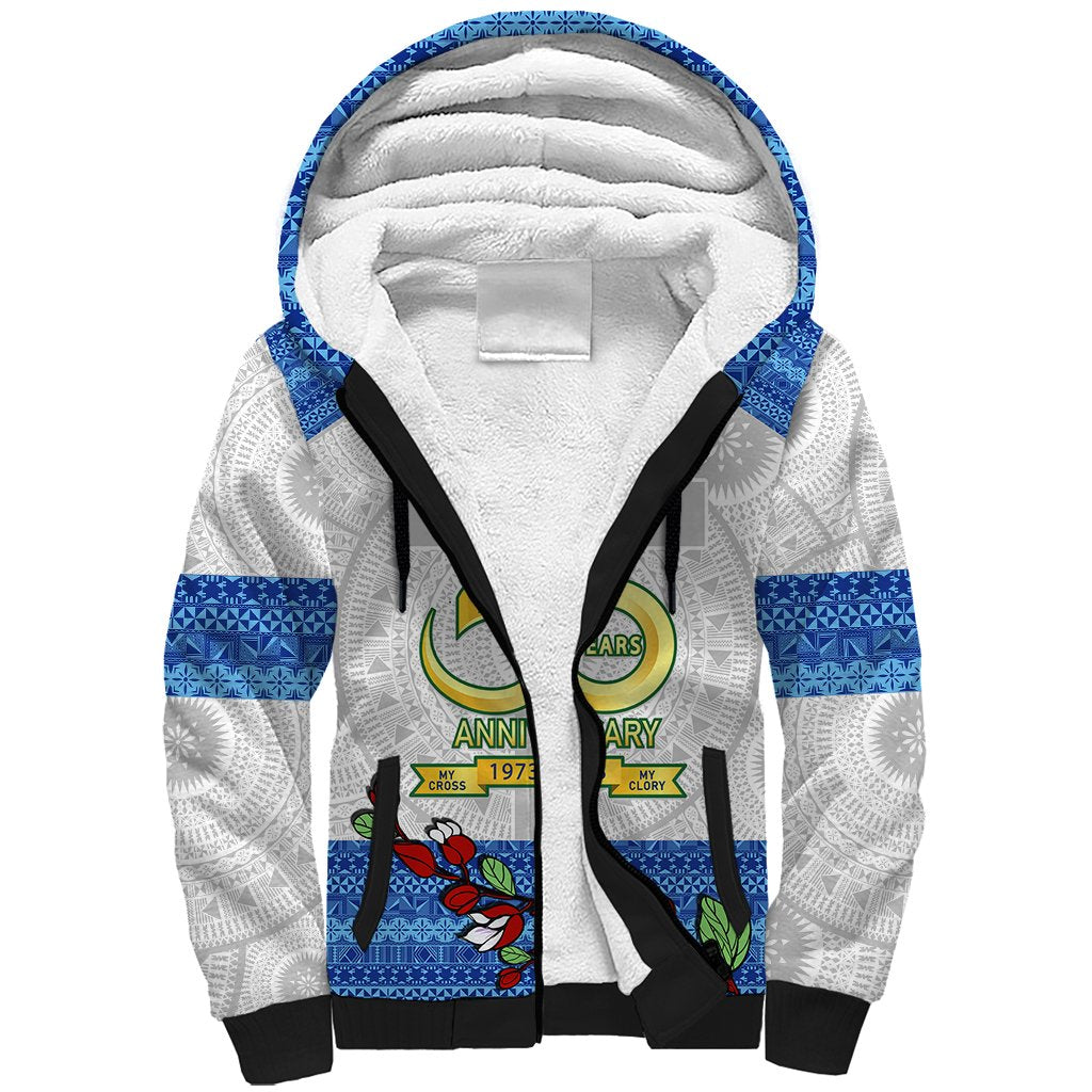 Personalised Fiji Holy Cross College Sherpa Hoodie Happy 50th Anniversary Fijian Tagimoucia Tapa Pattern LT14 Unisex White - Polynesian Pride