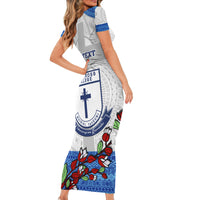Personalised Fiji Holy Cross College Short Sleeve Bodycon Dress Happy 50th Anniversary Fijian Tagimoucia Tapa Pattern LT14 - Polynesian Pride