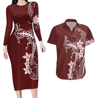 Oxblood Hawaii Couples Matching Long Sleeve Bodycon Dress and Hawaiian Shirt Hammerhead Shark Tattoo Curve Polynesian LT14 Oxblood - Polynesian Pride