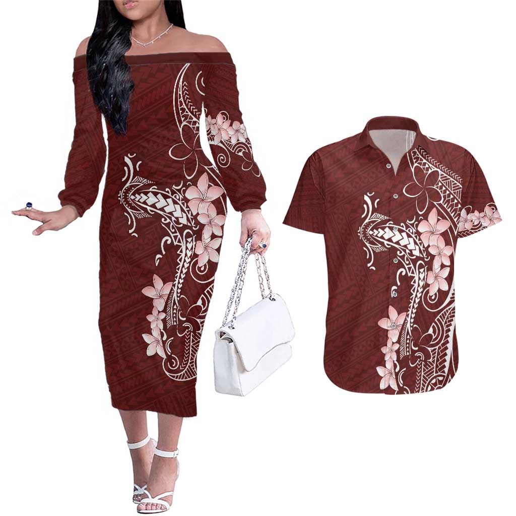 Oxblood Hawaii Couples Matching Off The Shoulder Long Sleeve Dress and Hawaiian Shirt Hammerhead Shark Tattoo Curve Polynesian LT14 Oxblood - Polynesian Pride