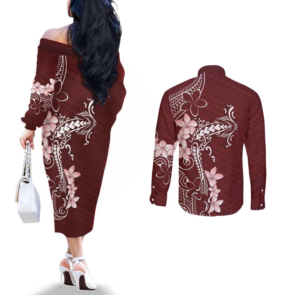 Oxblood Hawaii Couples Matching Off The Shoulder Long Sleeve Dress and Long Sleeve Button Shirt Hammerhead Shark Tattoo Curve Polynesian - Polynesian Pride