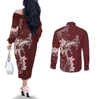 Oxblood Hawaii Couples Matching Off The Shoulder Long Sleeve Dress and Long Sleeve Button Shirt Hammerhead Shark Tattoo Curve Polynesian - Polynesian Pride