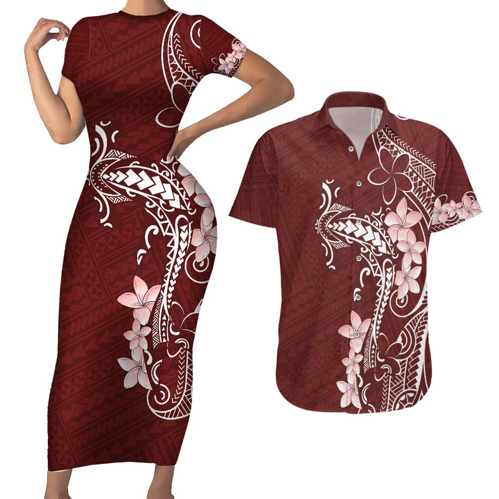 Oxblood Hawaii Couples Matching Short Sleeve Bodycon Dress and Hawaiian Shirt Hammerhead Shark Tattoo Curve Polynesian LT14 Oxblood - Polynesian Pride