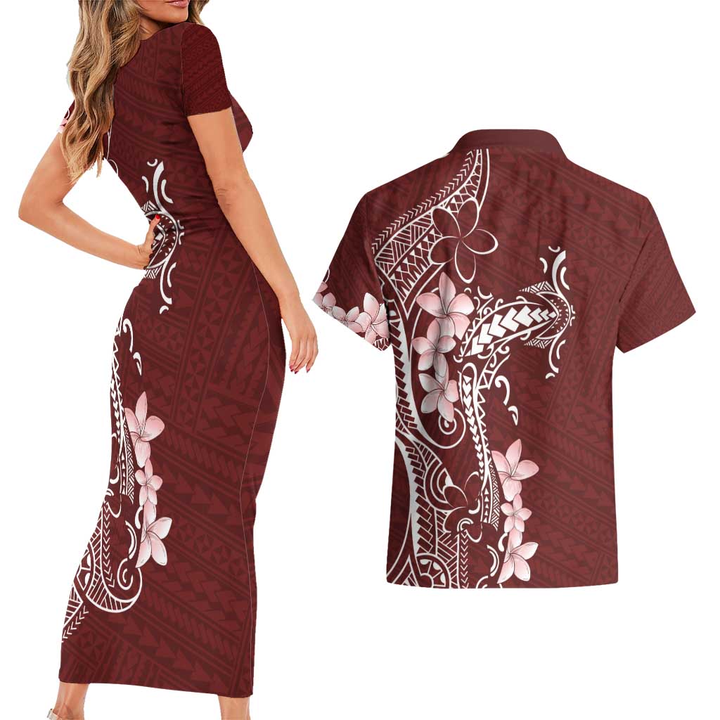Oxblood Hawaii Couples Matching Short Sleeve Bodycon Dress and Hawaiian Shirt Hammerhead Shark Tattoo Curve Polynesian LT14 - Polynesian Pride