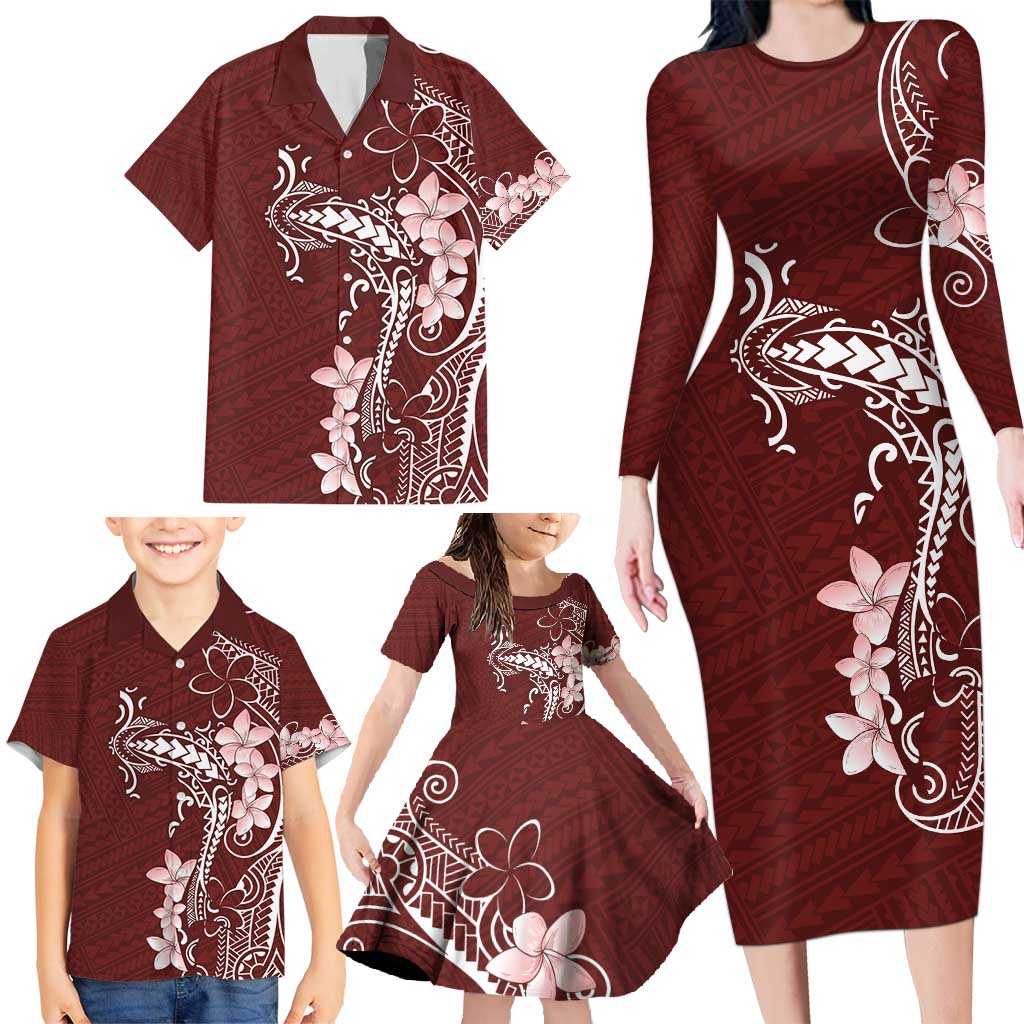 Oxblood Hawaii Family Matching Long Sleeve Bodycon Dress and Hawaiian Shirt Hammerhead Shark Tattoo Curve Polynesian LT14 - Polynesian Pride