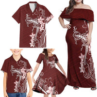 Oxblood Hawaii Family Matching Off Shoulder Maxi Dress and Hawaiian Shirt Hammerhead Shark Tattoo Curve Polynesian LT14 - Polynesian Pride