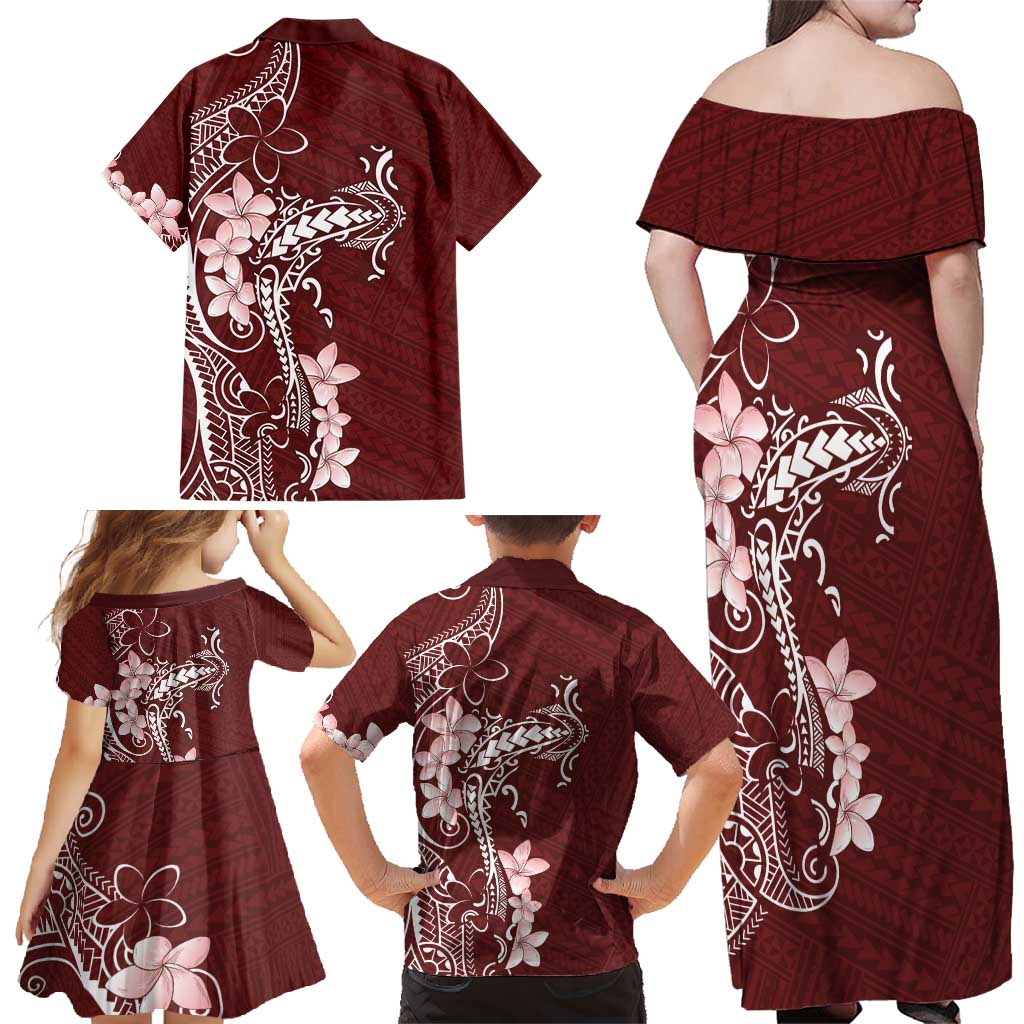 Oxblood Hawaii Family Matching Off Shoulder Maxi Dress and Hawaiian Shirt Hammerhead Shark Tattoo Curve Polynesian LT14 - Polynesian Pride