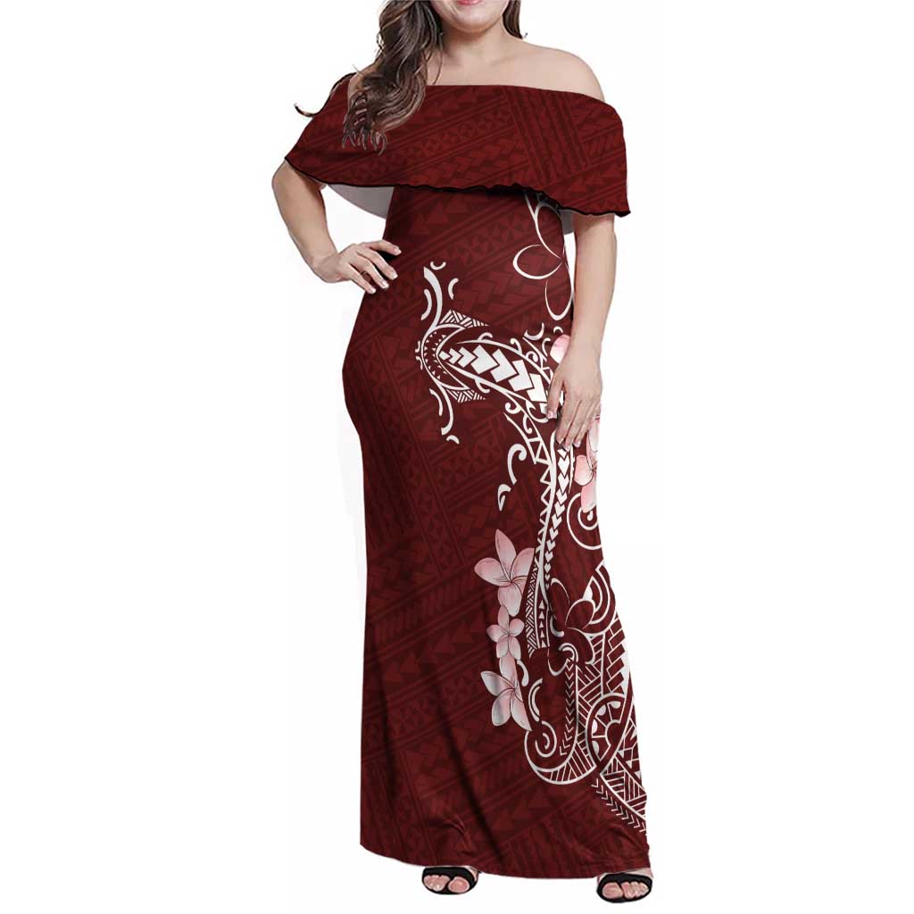 Oxblood Hawaii Family Matching Off Shoulder Maxi Dress and Hawaiian Shirt Hammerhead Shark Tattoo Curve Polynesian LT14 Mom's Dress Oxblood - Polynesian Pride