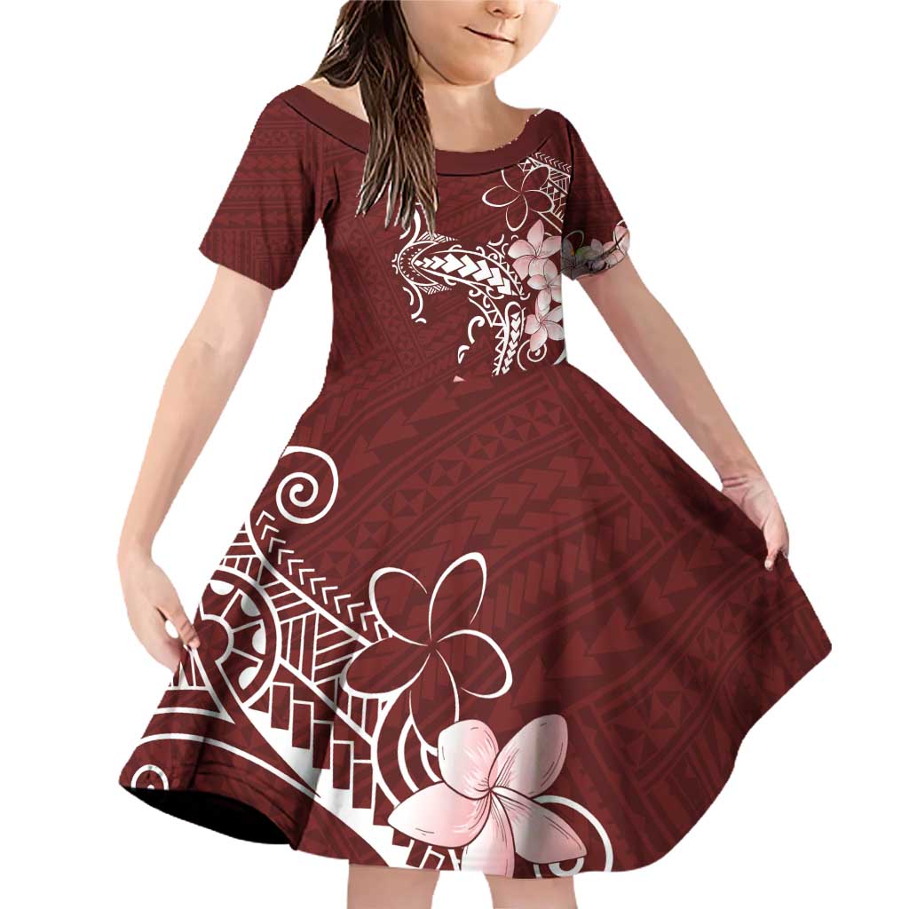 Oxblood Hawaii Family Matching Off Shoulder Short Dress and Hawaiian Shirt Hammerhead Shark Tattoo Curve Polynesian LT14 Daughter's Dress Oxblood - Polynesian Pride