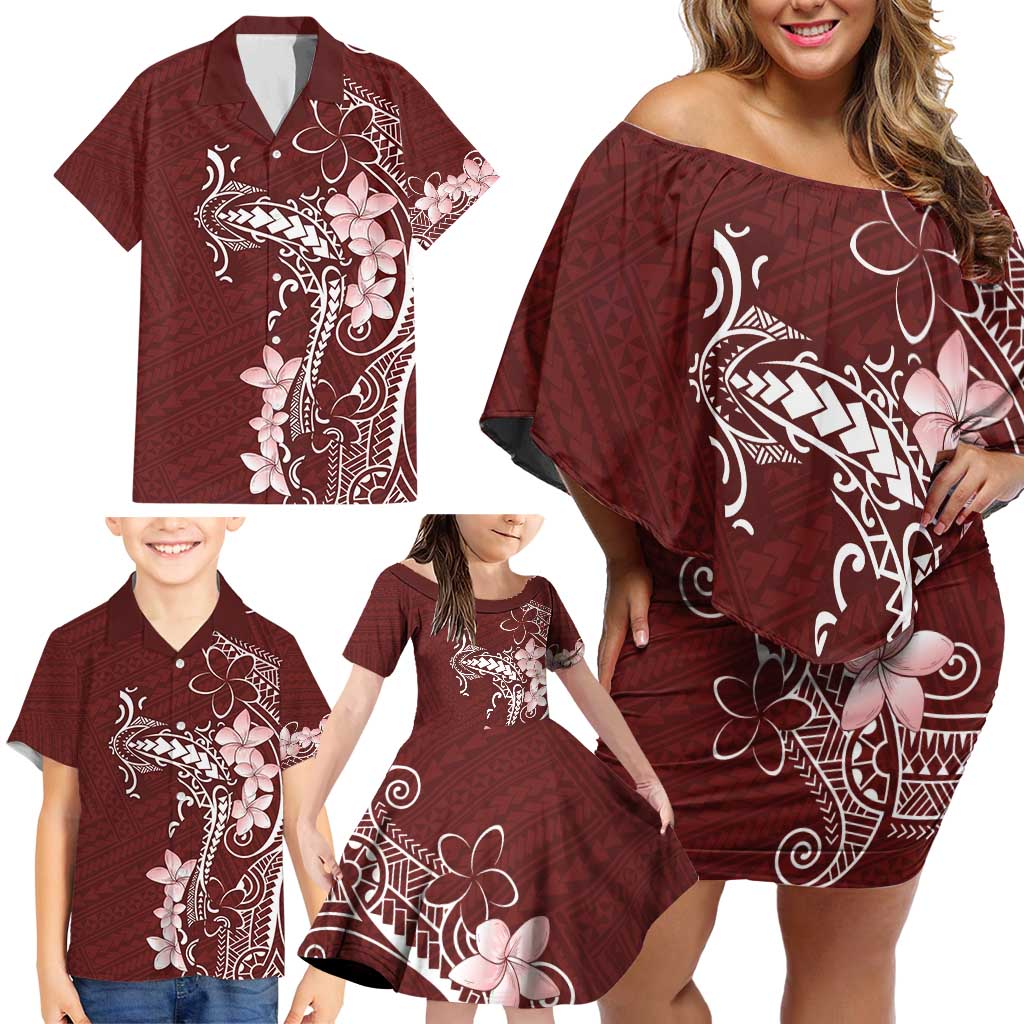 Oxblood Hawaii Family Matching Off Shoulder Short Dress and Hawaiian Shirt Hammerhead Shark Tattoo Curve Polynesian LT14 - Polynesian Pride