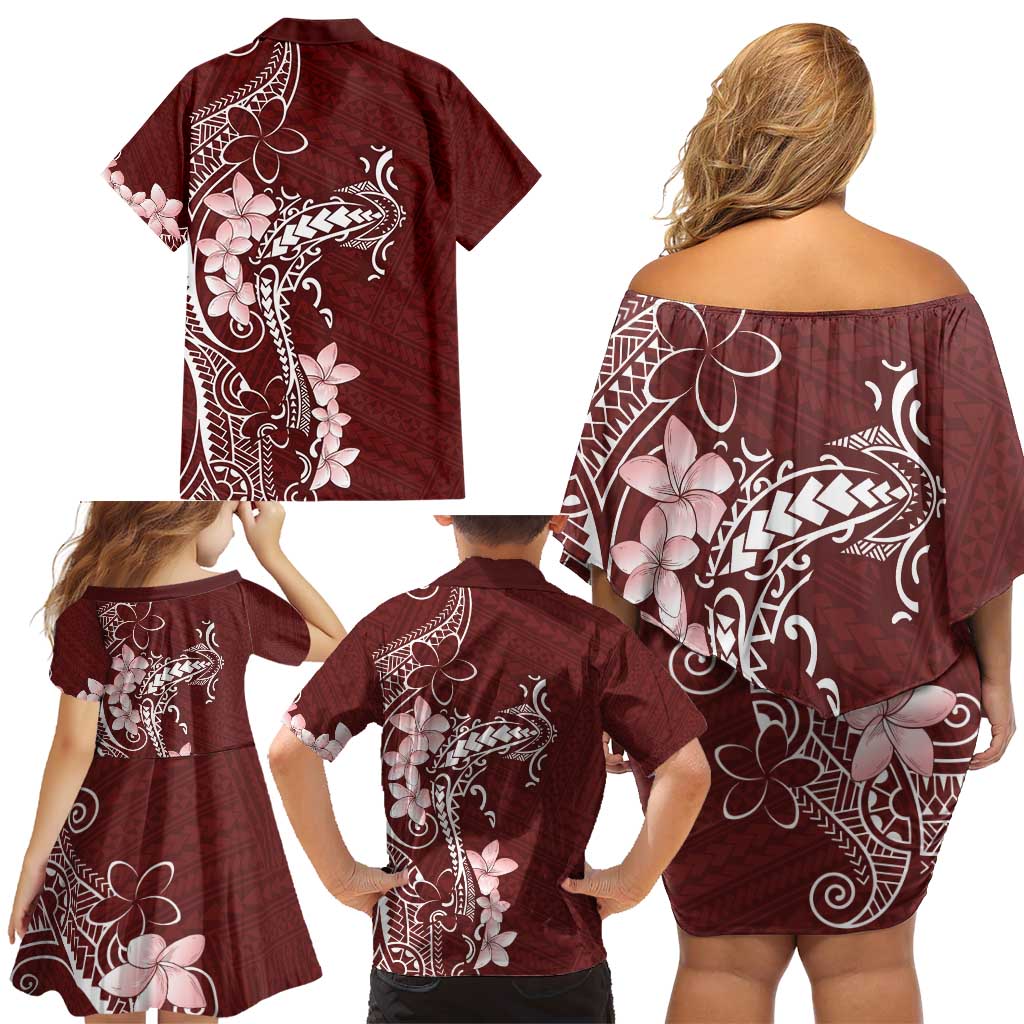 Oxblood Hawaii Family Matching Off Shoulder Short Dress and Hawaiian Shirt Hammerhead Shark Tattoo Curve Polynesian LT14 - Polynesian Pride