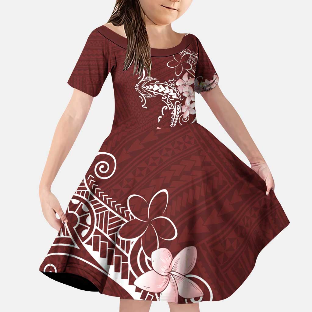 Oxblood Hawaii Family Matching Puletasi and Hawaiian Shirt Hammerhead Shark Tattoo Curve Polynesian LT14 Daughter's Dress Oxblood - Polynesian Pride
