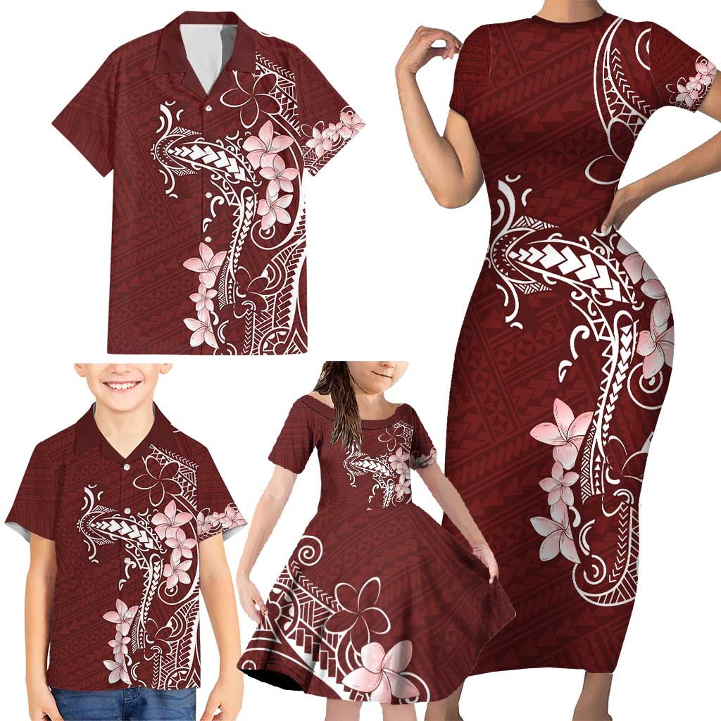 Oxblood Hawaii Family Matching Short Sleeve Bodycon Dress and Hawaiian Shirt Hammerhead Shark Tattoo Curve Polynesian LT14 - Polynesian Pride