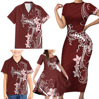 Oxblood Hawaii Family Matching Short Sleeve Bodycon Dress and Hawaiian Shirt Hammerhead Shark Tattoo Curve Polynesian LT14 - Polynesian Pride